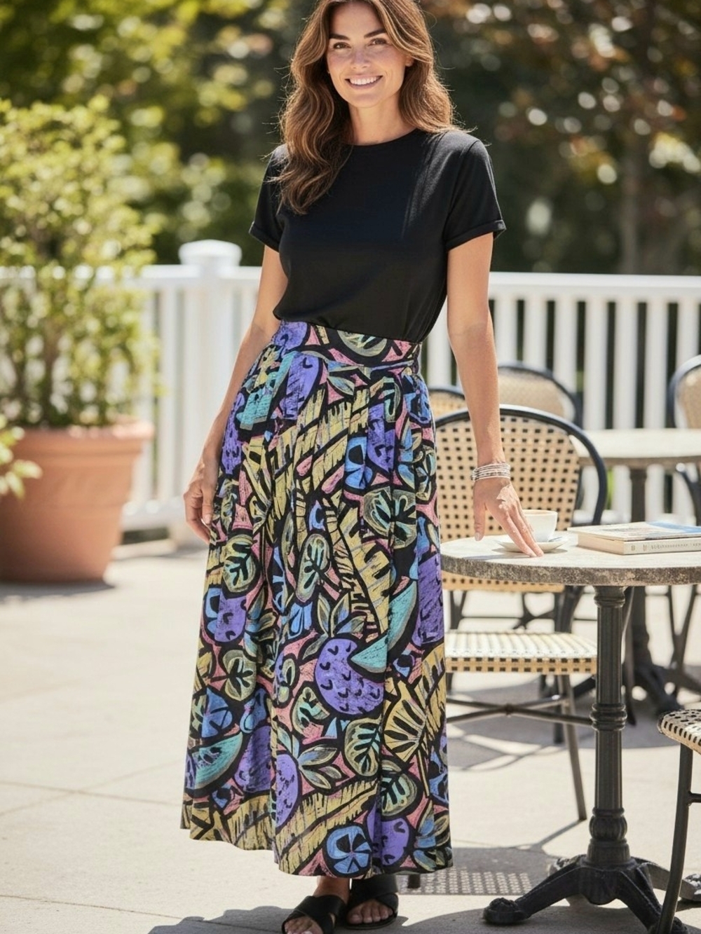 Jaeger Tropical Print Maxi Skirt in Black with Multicolor Leaf Motif